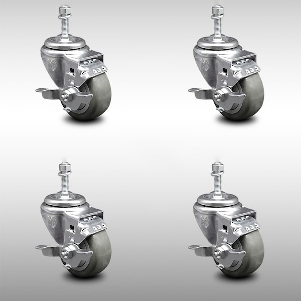 Service Caster 3.5 Inch SS Gray Polyurethane Swivel 3/8 Inch Threaded Stem Caster Set Brake SCC SCC-SSTS20S3514-PPUB-TLB-381615-4 - main